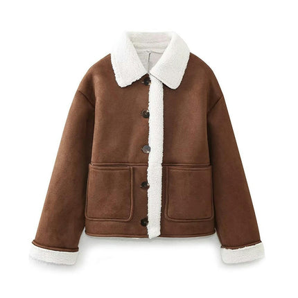 Women's Winter Faux Suede Coat Long Sleeve Jacket Short Warm Fur Fuzzy Lined Outwear