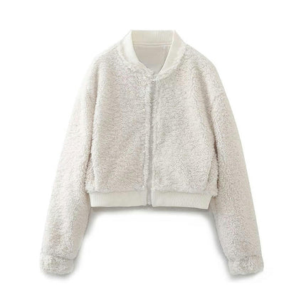 Women Fleece Jacket Winter Bomber Long Sleeve Faux Sherpa Fuzzy Casual Zip Up Coat