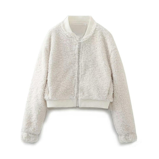 Women Fleece Jacket Winter Bomber Long Sleeve Faux Sherpa Fuzzy Casual Zip Up Coat