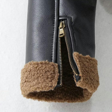 Women's Faux Leather Moto Jacket Winter Sherpa Fuzzy Lined Coat