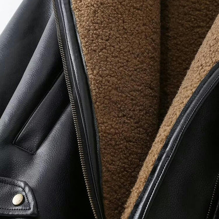 Women's Faux Leather Moto Jacket Winter Sherpa Fuzzy Lined Coat