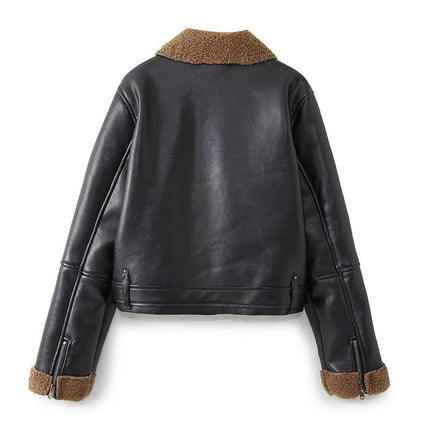 Women's Faux Leather Moto Jacket Winter Sherpa Fuzzy Lined Coat