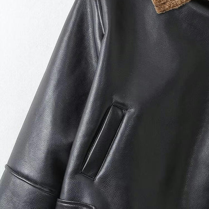 Women's Faux Leather Moto Jacket Winter Sherpa Fuzzy Lined Coat