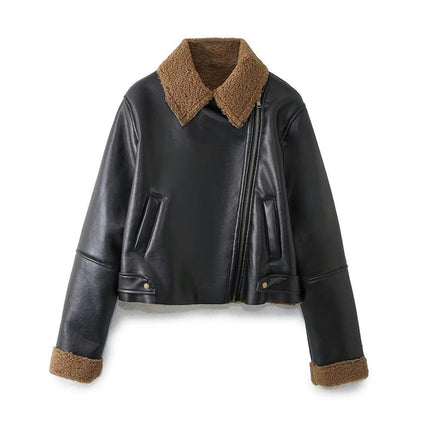Women's Faux Leather Moto Jacket Winter Sherpa Fuzzy Lined Coat