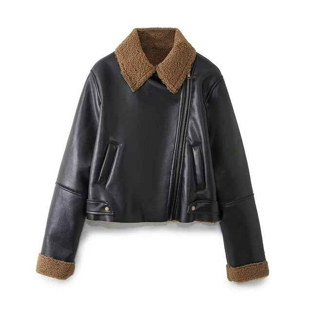 Women's Faux Leather Moto Jacket Winter Sherpa Fuzzy Lined Coat