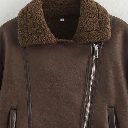Women Winter Faux Suede Biker Motor Jacket Zipper Sherpa Lined Coat