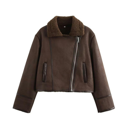 Women Winter Faux Suede Biker Motor Jacket Zipper Sherpa Lined Coat