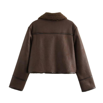 Women Winter Faux Suede Biker Motor Jacket Zipper Sherpa Lined Coat