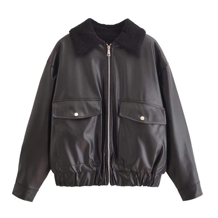 Women Faux Leather Jacket with Faux Fur Lined Warm Winter Bomber Coat