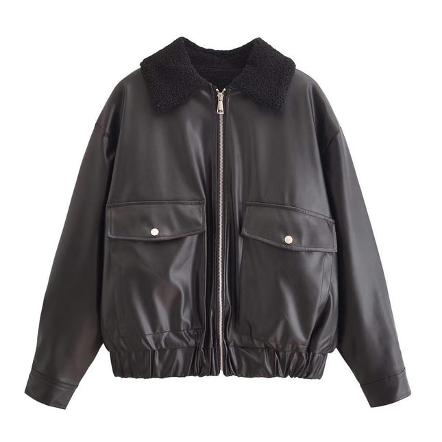 Women Faux Leather Jacket with Faux Fur Lined Warm Winter Bomber Coat