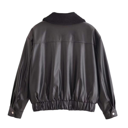 Women Faux Leather Jacket with Faux Fur Lined Warm Winter Bomber Coat