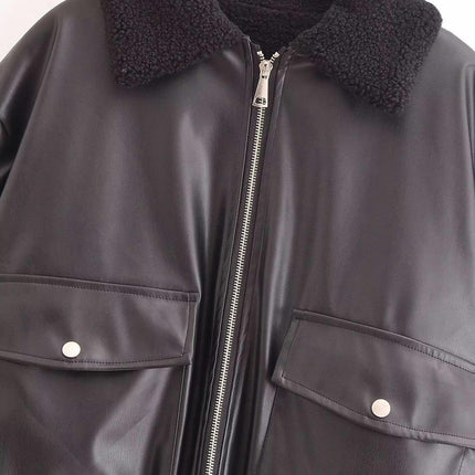 Women Faux Leather Jacket with Faux Fur Lined Warm Winter Bomber Coat