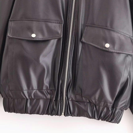 Women Faux Leather Jacket with Faux Fur Lined Warm Winter Bomber Coat