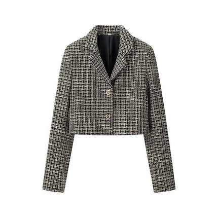 Womens Tweed Blazers Jackets Casual Long Sleeve Button Down Cropped Coat