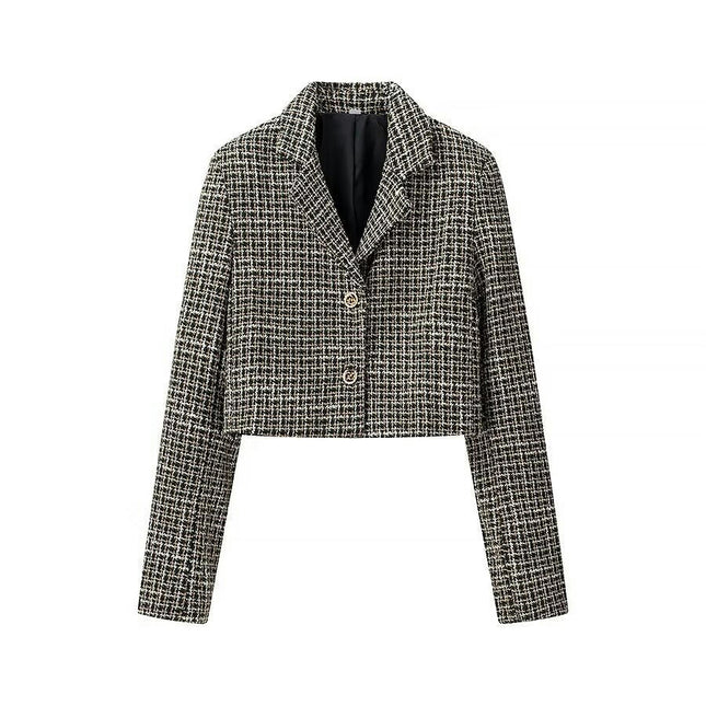 Womens Tweed Blazers Jackets Casual Long Sleeve Button Down Cropped Coat