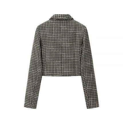 Womens Tweed Blazers Jackets Casual Long Sleeve Button Down Cropped Coat