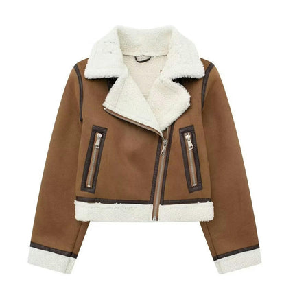 Women Faux Sherpa Lined Bomber Jacket Warm Winter Cropped Coat