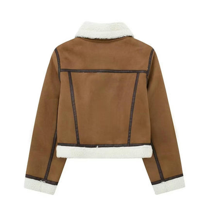 Women Faux Sherpa Lined Bomber Jacket Warm Winter Cropped Coat
