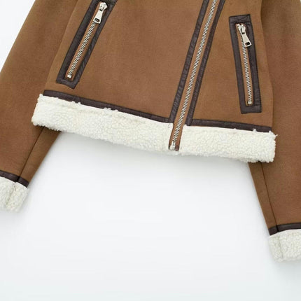 Women Faux Sherpa Lined Bomber Jacket Warm Winter Cropped Coat