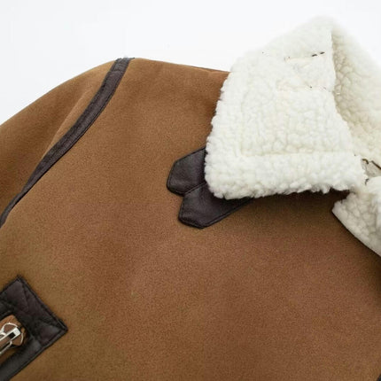 Women Faux Sherpa Lined Bomber Jacket Warm Winter Cropped Coat