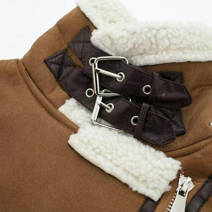 Women Faux Sherpa Lined Bomber Jacket Warm Winter Cropped Coat