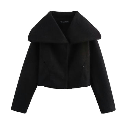 Women Winter Wool Blend Jacket Long Sleeve Casual Button Lapel Cropped Coats Outerwear