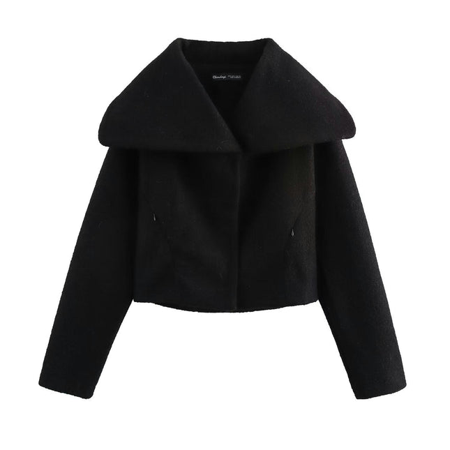 Women Winter Wool Blend Jacket Long Sleeve Casual Button Lapel Cropped Coats Outerwear