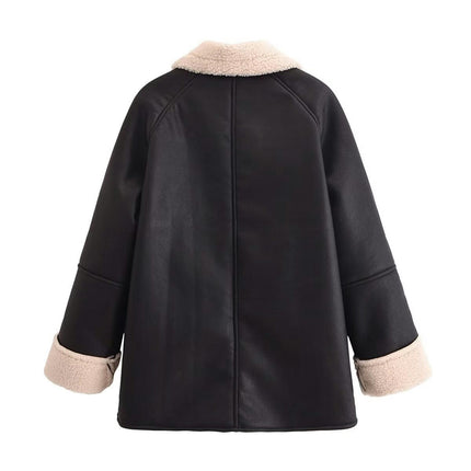 Women's Faux Leather Moto Bomber Jacket Sherpa-Lined Coat Winter Coat Outerwear