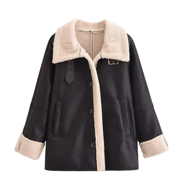 Women's Faux Leather Moto Bomber Jacket Sherpa-Lined Coat Winter Coat Outerwear