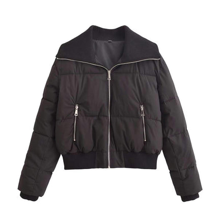 Women's Winter Cropped Puffer Jacket Long Sleeve Lightweight Zip Short Coat with Pockets