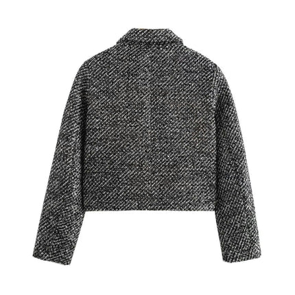 Women's Vintage Plaid Button Down Tweed Cropped Jacket Coat