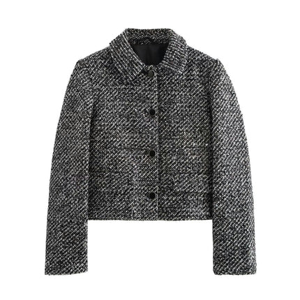 Women's Vintage Plaid Button Down Tweed Cropped Jacket Coat