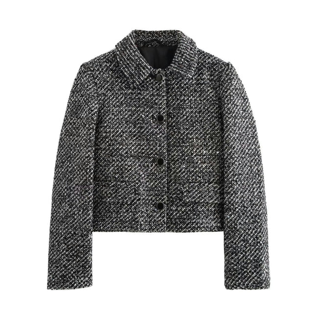Women's Vintage Plaid Button Down Tweed Cropped Jacket Coat
