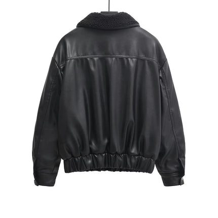 Women's Faux Shearing Fur Lined Winter Coat Warm Faux Leather Bomber Jacket