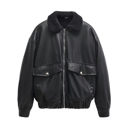 Women's Faux Shearing Fur Lined Winter Coat Warm Faux Leather Bomber Jacket