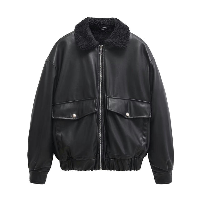 Women's Faux Shearing Fur Lined Winter Coat Warm Faux Leather Bomber Jacket