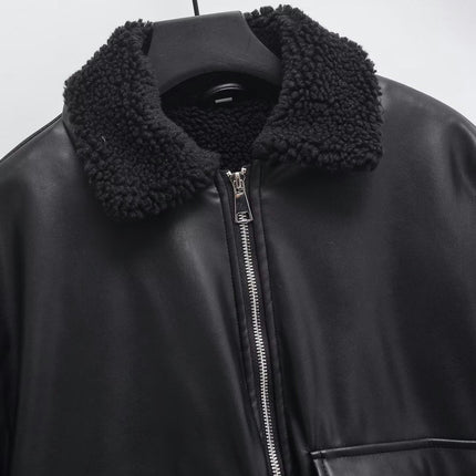 Women's Faux Shearing Fur Lined Winter Coat Warm Faux Leather Bomber Jacket