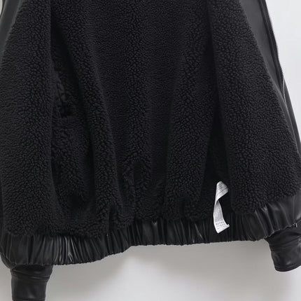 Women's Faux Shearing Fur Lined Winter Coat Warm Faux Leather Bomber Jacket