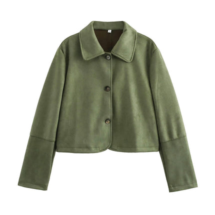 Womens Long Sleeve Faux Suede Jacket Lapel Collar Button Down Cropped Coat