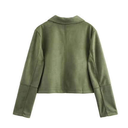 Womens Long Sleeve Faux Suede Jacket Lapel Collar Button Down Cropped Coat