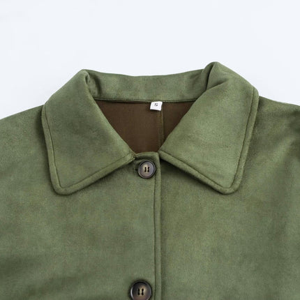 Womens Long Sleeve Faux Suede Jacket Lapel Collar Button Down Cropped Coat