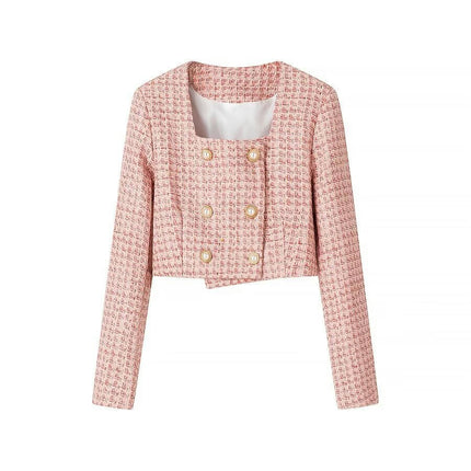 Women's Double Breasted Tweed Blazer Jacket Business Casual Tweed Jacket