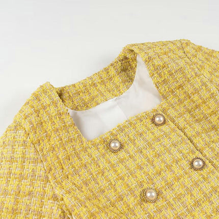 Women's Double Breasted Tweed Blazer Jacket Business Casual Tweed Jacket