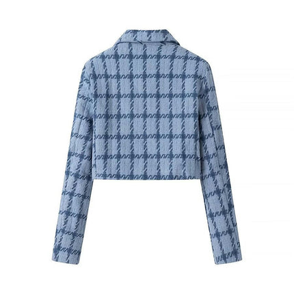 Women's Plaid Tweed Blazer Jacket Button Casual Long Sleeve Cropped Coat