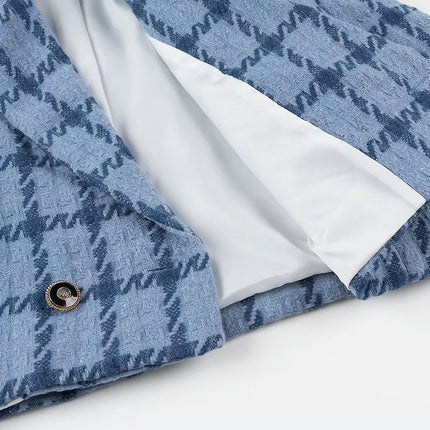 Women's Plaid Tweed Blazer Jacket Button Casual Long Sleeve Cropped Coat