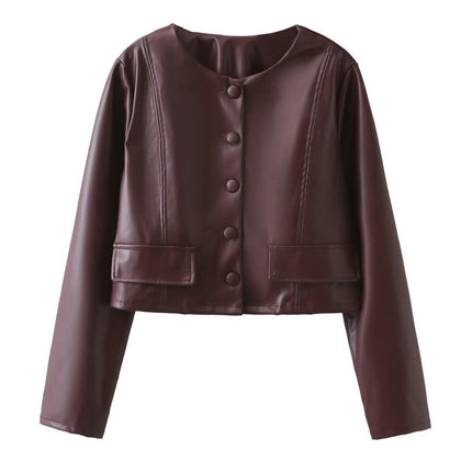 PU Faux Leather Crop Jackets for Women's Open Front Button Down Long Sleeve Jacket