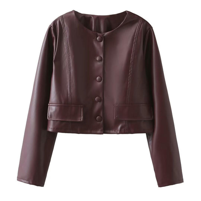 PU Faux Leather Crop Jackets for Women's Open Front Button Down Long Sleeve Jacket