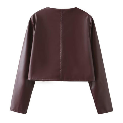 PU Faux Leather Crop Jackets for Women's Open Front Button Down Long Sleeve Jacket