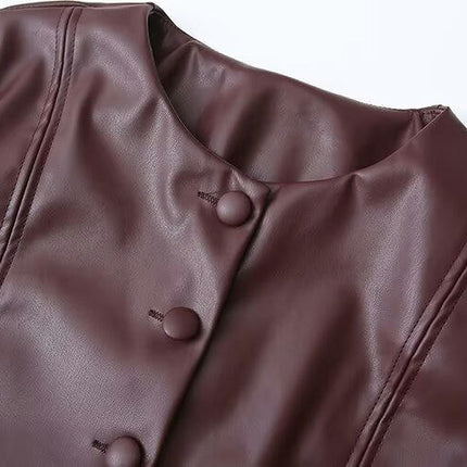 PU Faux Leather Crop Jackets for Women's Open Front Button Down Long Sleeve Jacket