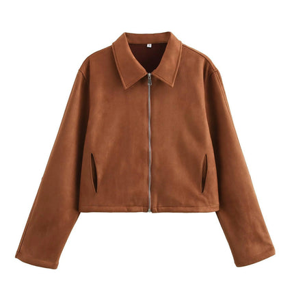 Women's Faux Suede Jacket Long Sleeve Pocket Zip Up Cropped Coat